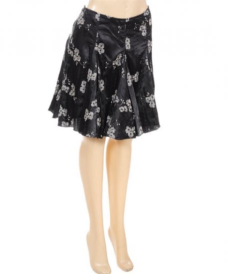 Black Silver Oriental Flower-Print Flare Skirt Goth