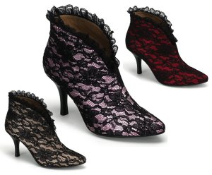 "Bordello" Satin w/ Lace Overlay Slip-On Ankle Boot