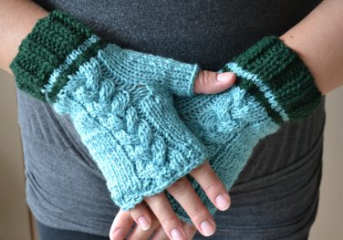 Handknit Antique Green Cabled Mittens