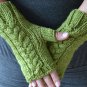 Green Fingerless Cabled Handknit Mittens 100% Merino Wool