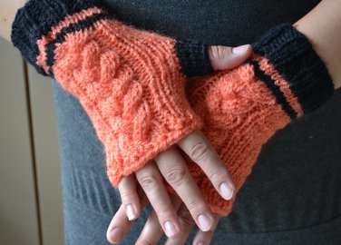 Halloween Orange and Black cabled mittens with cable