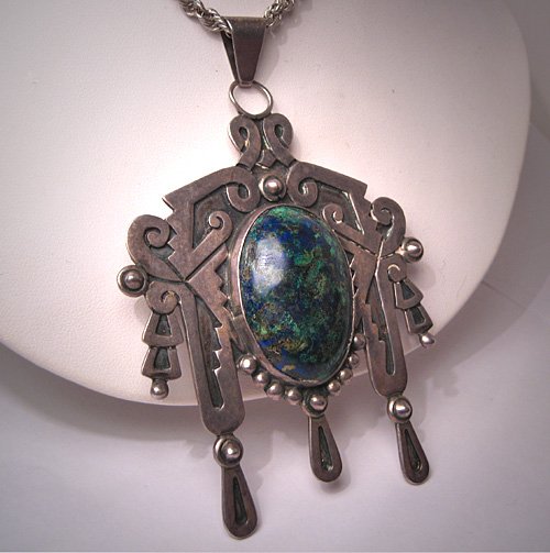Large Taxco Mexican Silver Turquoise Necklace Designer Signed Pendant