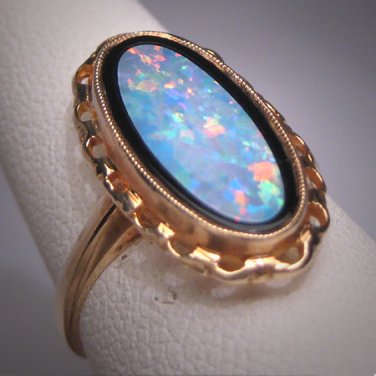 Antique Australian Opal Onyx Ring Retro Victorian Style Gold Filigree