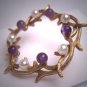 Antique Pearl Amethyst Brooch Akoya Pin Designer Signed Wreath Deco