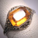Antique Golden Citrine Ring Vintage Art Deco Wedding White Gold Floral 1920
