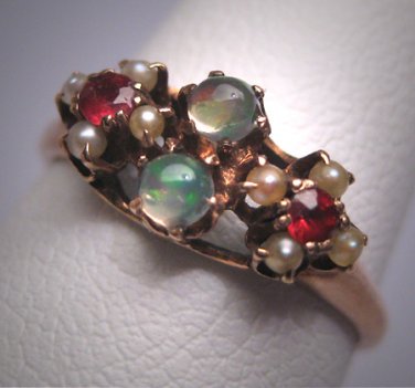 Antique Victorian Opal Ruby Seed Pearl Wedding Ring Rose Gold Band