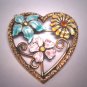 Antique Victorian Guilloche Enamel Floral Heart Pin Brooch Chased Gold Silver Wedding c.1920