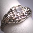 Antique White Sapphire Wedding Ring 14K Gold Filigree Floral Exceptional Setting c.1920 Engagement