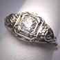 Antique White Sapphire Wedding Ring 14K Gold Filigree Floral Exceptional Setting c.1920 Engagement