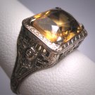 Antique Canary Golden Citrine Ring Art Deco Wedding Filigree 14K 1920s Engagement