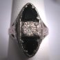 Antique White Sapphire Paste Wedding Ring Rhodium Filigree Art Deco