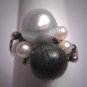 Antique Blue Baroque 8mm Pearl and Black Coral Ring Japanese Akoya Vintage Deco Wedding