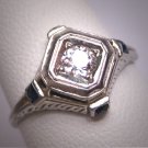 Antique Old Euro Cut Diamond Sapphire Wedding Ring Vintage Ostby Barton 18K White Gold c.1900