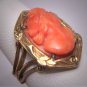 Antique Italian Coral Cameo Ring Vintage Art Nouveau Deco Filigree Botanical Gold Setting Wedding