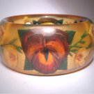 Rare Antique Applejuice Bakelite Reverse Carved Pansy Bangle Bracelet Floral 1930s Vintage Amber