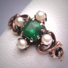 Antique Victorian Emerald Seed Pearl Ring Vintage 19th Century Rose Gold