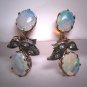 Antique Australian Opal 9CT Gold Earrings White Sapphire Estate Dangle Drop Art Deco 1930