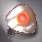 Antique Art Nouveau Rare Orange Pearl Wedding Ring Heart Shape Silver Victorian c.1900