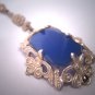 Antique Blue Chalcedony Filigree Necklace Lavaliere Sterling Silver Vintage Art Deco 20s