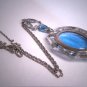 Antique Blue Sapphire Filigree Necklace Lavaliere Pendant Vintage Art Deco 20s Rhodium