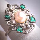 Antique Emerald Pearl Diamond Wedding Ring Platinum Engagement Victorian Edwardian Vintage c.1900