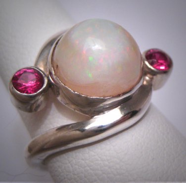 Antique Vintage Australian Opal Ruby Ring Retro Art Deco Wedding Modernist 1930's