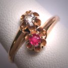 Antique Ruby  and Mine Cut Diamond Wedding Ring Gold Victorian - Art Deco c.1900