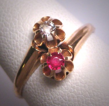 Antique Ruby  and Mine Cut Diamond Wedding Ring Gold Victorian - Art Deco c.1900