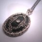 Antique Black Onyx Crystal Filigree Necklace Vintage Art Deco 20s Sterling Silver Lavaliere