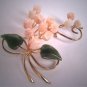 Vintage Coral and Jade Rose Brooch Pin Carved Gemstones