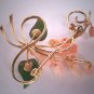 Vintage Coral and Jade Rose Brooch Pin Carved Gemstones