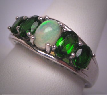 Vintage Opal Green Garnet Ring Retro Art Deco Style Wedding - Band Silver