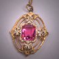 Antique Pink Ruby Pendant Necklace Green Gold Floral Lavaliere Art Deco Victorian 1920