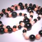 Antique Vintage Genuine Coral Bead Necklace Pink Strand with Black Onyx