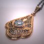 Antique Blue Zirco Filigree Necklace Vintage Art Deco 1920s Floral Gold Lavaliere