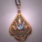 Antique Blue Zirco Filigree Necklace Vintage Art Deco 1920s Floral Gold Lavaliere
