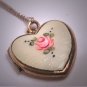Antique Enameled Locket Necklace Cream and Pink Floral Vintage Puffy Heart