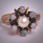 Antique Victorian Australian Opal Pearl Wedding Ring Chased Gold Band 14K c.1900