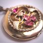 Antique Gold Floral Locket Vintage Victorian Ruby Pink Sapphire Paste Necklace Art Deco Nouveau