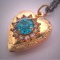Antique Gold Heart Locket Vintage Victorian Aquamarine Paste Necklace Art Deco Nouveau