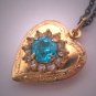 Antique Gold Heart Locket Vintage Victorian Aquamarine Paste Necklace Art Deco Nouveau