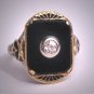 Antique Diamond Onyx Ring Vintage Enamel Egyptian Revival Art Deco Wedding 1920