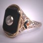 Antique Diamond Onyx Ring Vintage Enamel Egyptian Revival Art Deco Wedding 1920