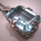 Vintage Aquamarine Blue Topaz Necklace Silver Filigree Basket Pendant Art Deco