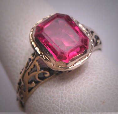 Antique Ruby Ring Vintage Art Deco Wedding Gold Filigree 1920