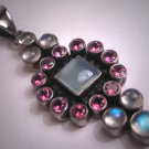 Vintage Moonstone Rubelite Tourmaline Lavaliere Pendant Necklace Victorian Art Deco Style