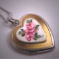 Antique Enameled Locket Necklace Pink Floral Vintage Puffy Heart Sterling 1920