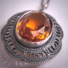 Antique Citrine Pendant Necklace Art Deco Victorian c.1900 Silver Filigree