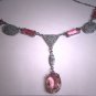Antique Ornate Pink Sapphire Paste Necklace Rhodium Filigree Vintage Art Deco 1920