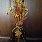 Green Glass Bottle, Jute & metal leaf w/ Daisy, Berry & Green, Brown & Cream Wheat and glass rocks